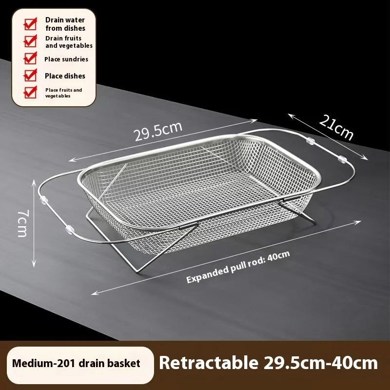 Spec diagram of the medium drain basket showing its length width and depth