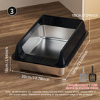 Measurement diagram of the size three black litter box with a scoop icon