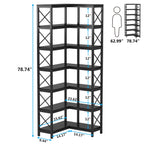 Size chart of the dark espresso corner bookshelf with shelf heights marked