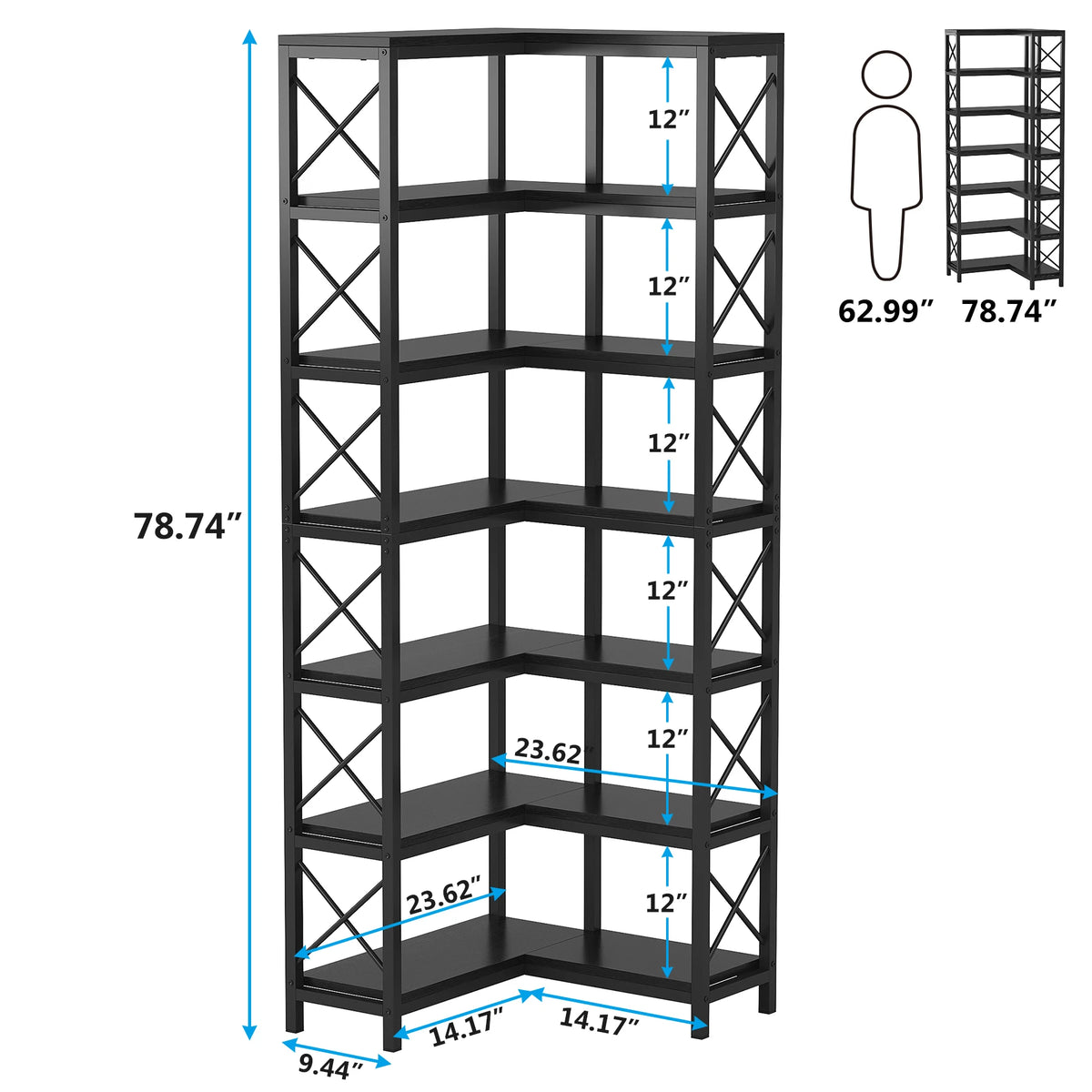 Size chart of the dark espresso corner bookshelf with shelf heights marked