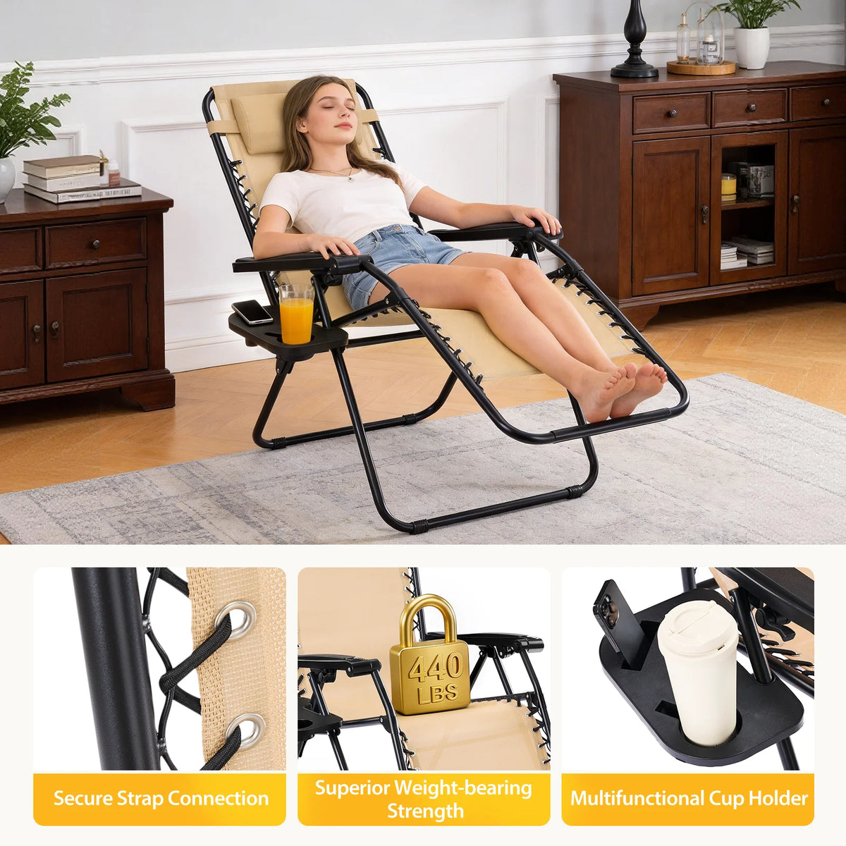 Woman reclining in a beige lounger above three thumbnails of its strap and tray