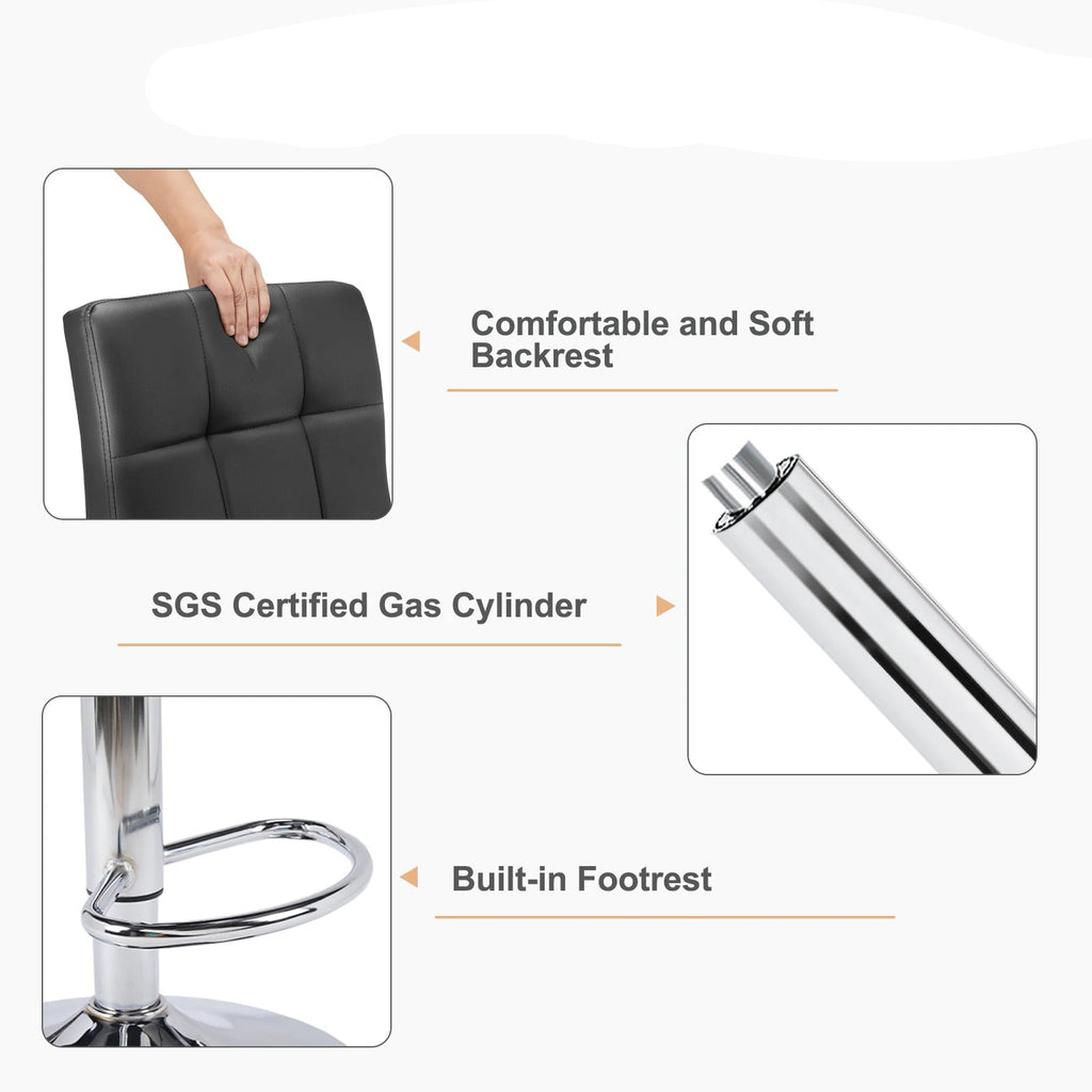 Labeled close views of the padded backrest, the lift cylinder and the built in footrest