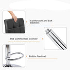 Labeled close views of the padded backrest, the lift cylinder and the built in footrest