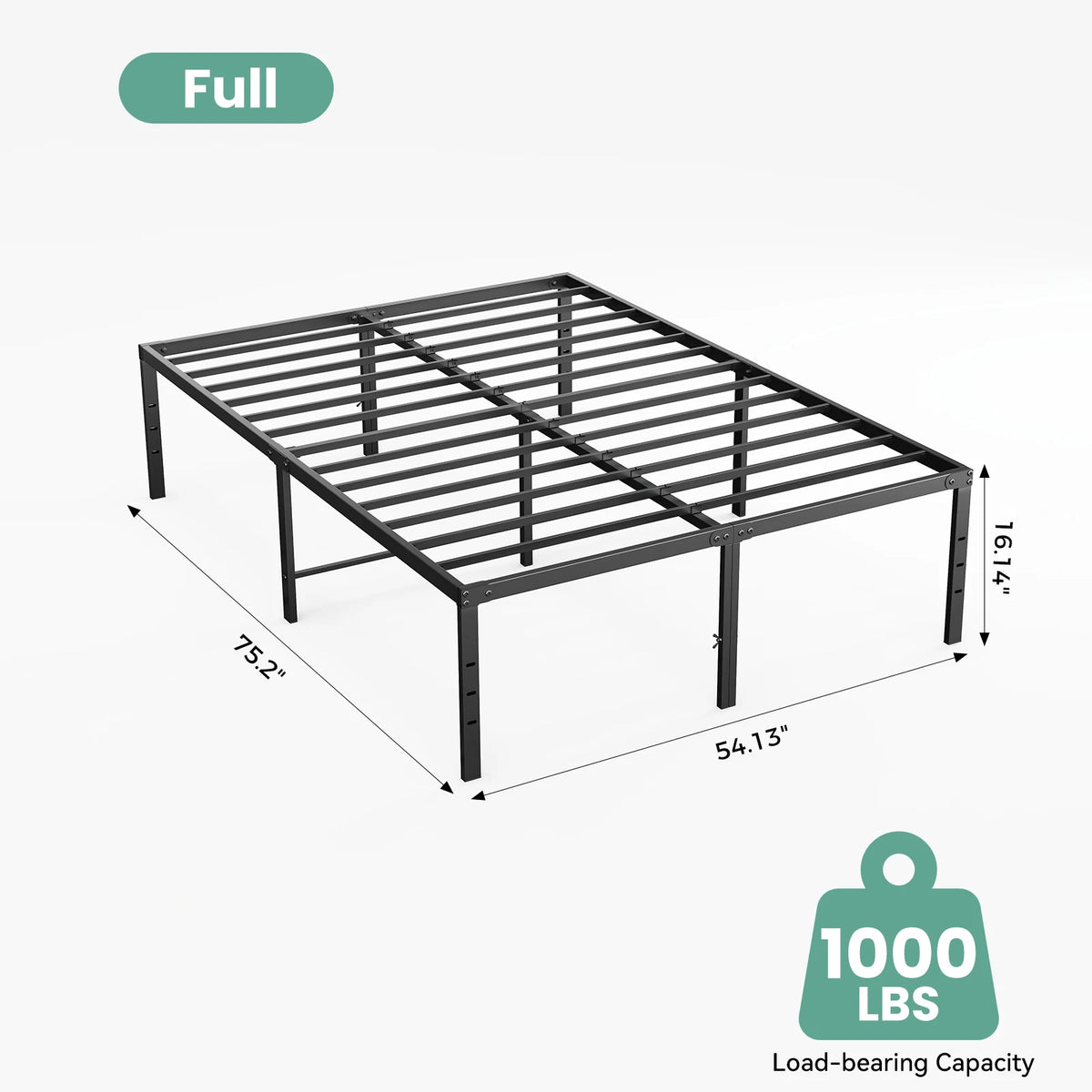 Line drawing of the full size frame with length and width callouts and a load badge