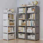 White and gray shelving units side by side holding books, boxes and a globe