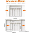 Diagram showing the tray expanding, with the adjustable width range marked
