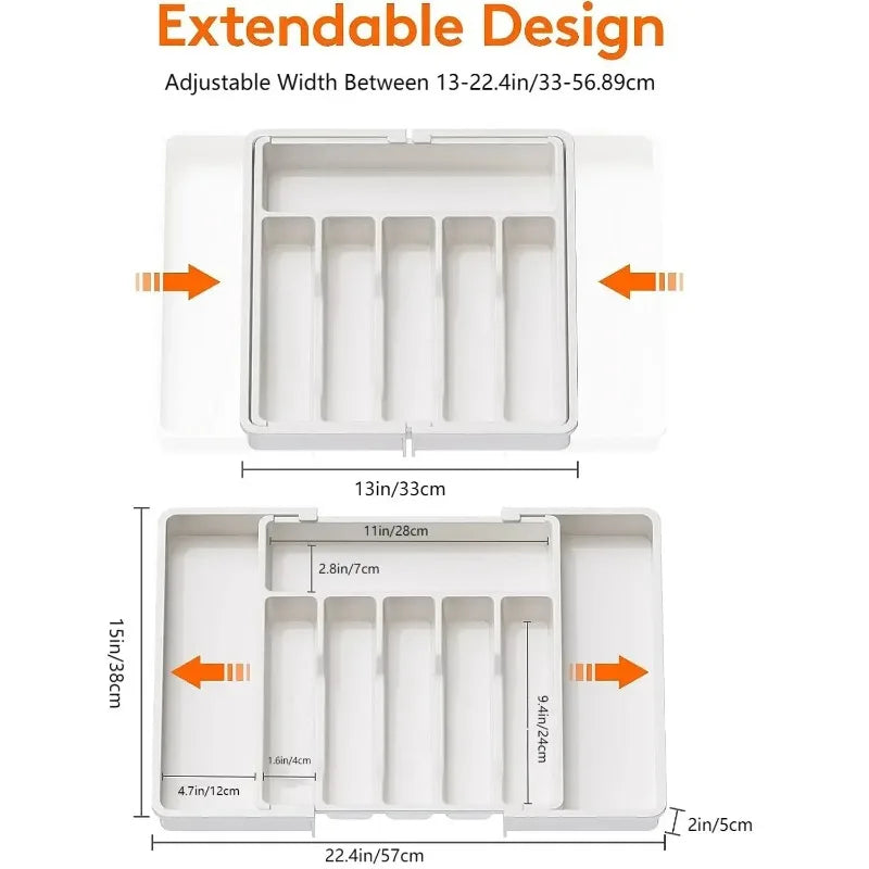 Diagram showing the tray expanding, with the adjustable width range marked