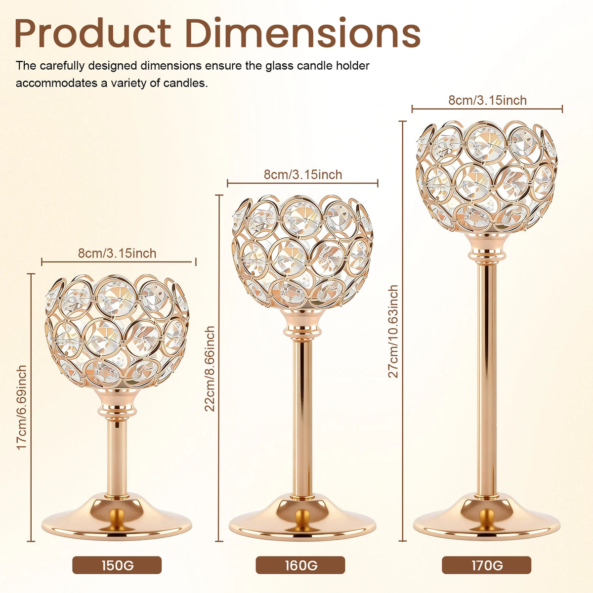 Crystal Beaded Candle Holder, Metal Tealight Candlestick in Gold or Silver, Three Heights for Wedding and Dining Table Centerpieces