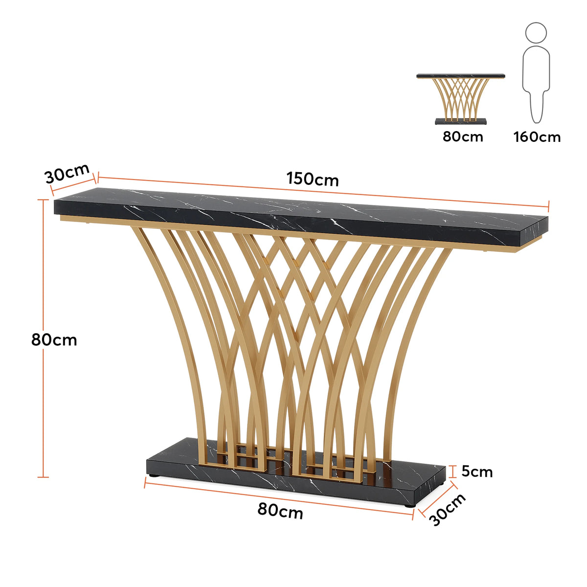 Dimension diagram of the console with a black top and a person outline for scale