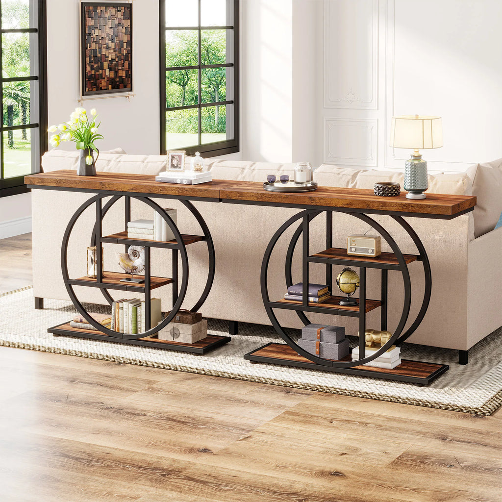 Two ring frame consoles lined along a hallway wall with decor on their shelves