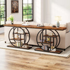 Two ring frame consoles lined along a hallway wall with decor on their shelves