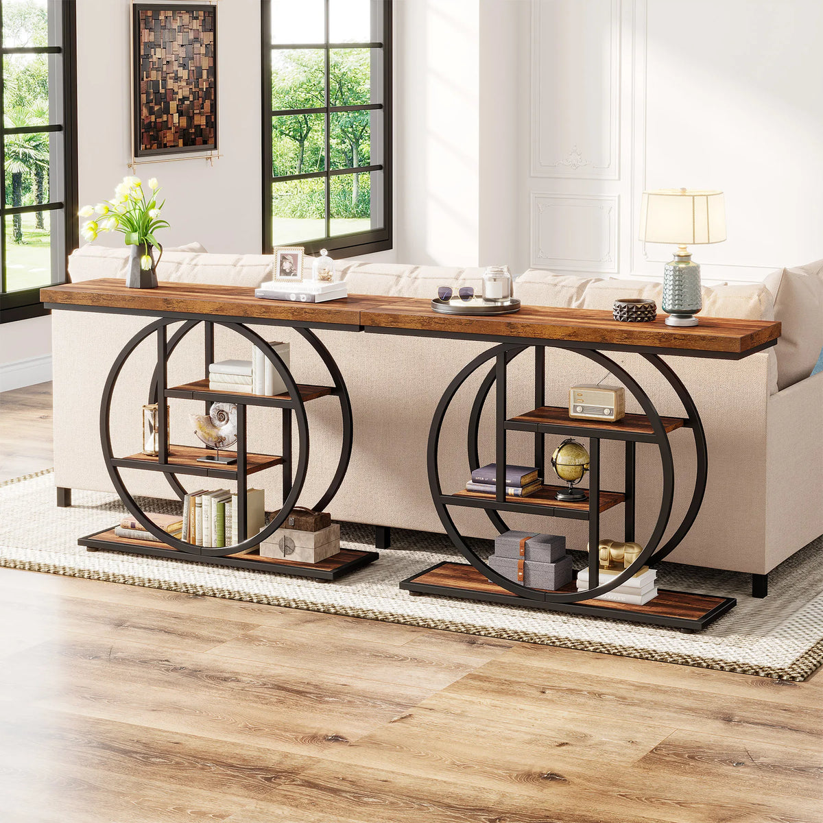 Two ring frame consoles lined along a hallway wall with decor on their shelves