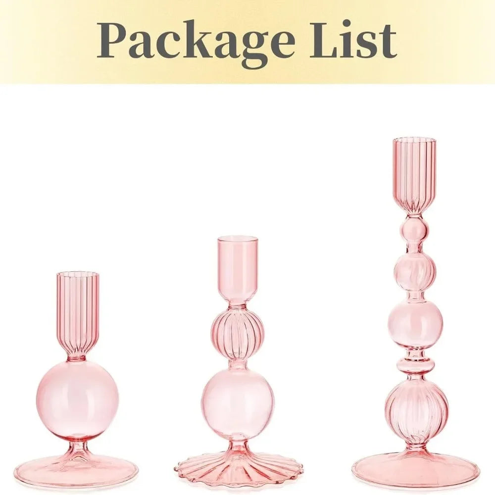 3Pcs Pink Glass Candlestick Holders Glass Taper Candle Holders Groovy Wavy Elegant Candle Stick for Home Party Decoration
