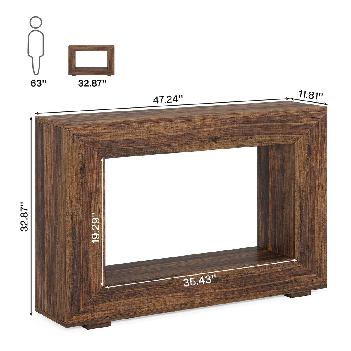 Dimension diagram of the mitered wood console with width and height labels