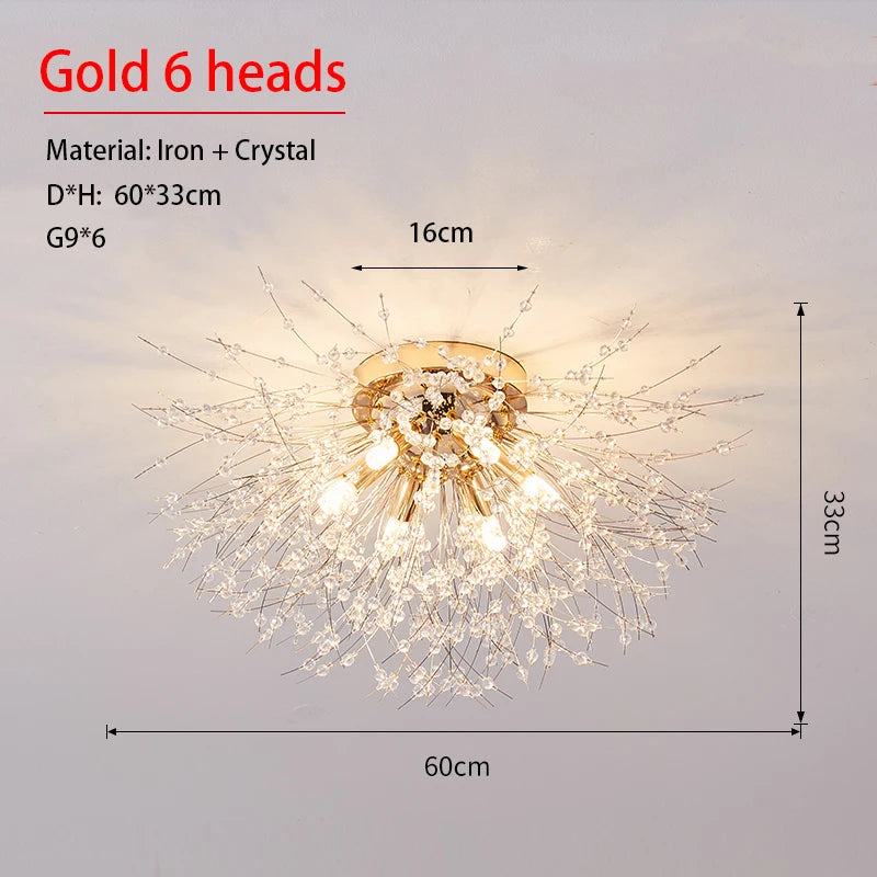 Spec diagram of the gold six head version with overall width and drop marked