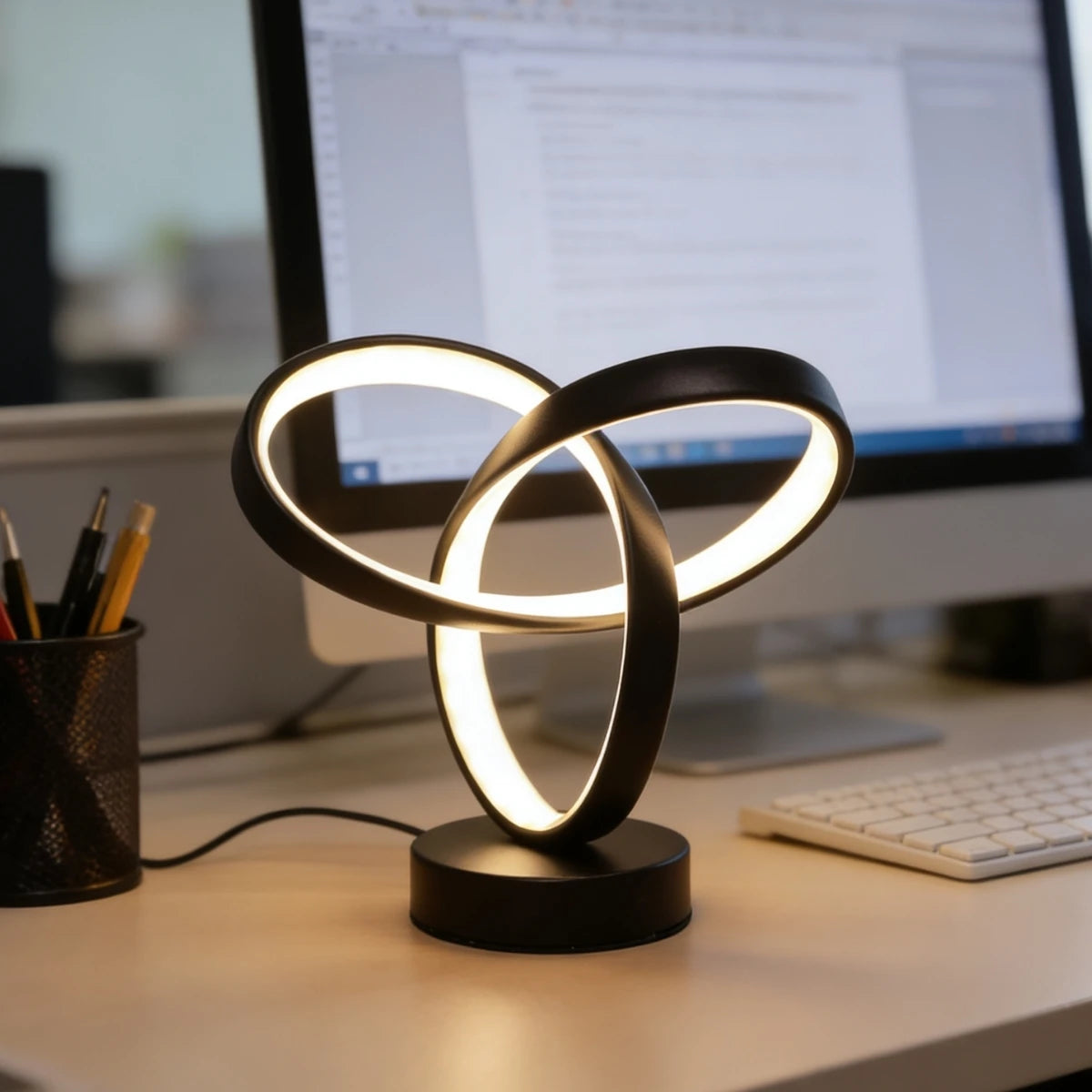 Black triple loop knot lamp lit on a desk beside a monitor and a pen cup