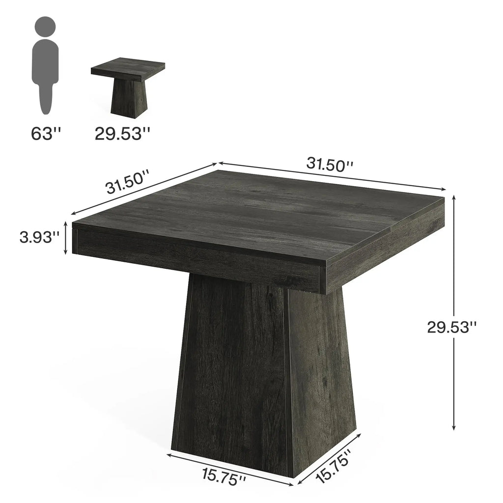 Dimension diagram of the square table with its plinth base and a person outline