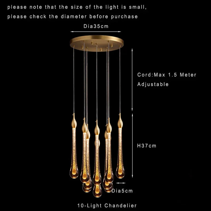 Size chart for the ten light teardrop chandelier with its cord noted