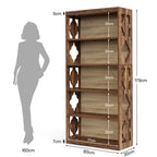 Bookcase drawing beside a person outline with measurements in centimeters