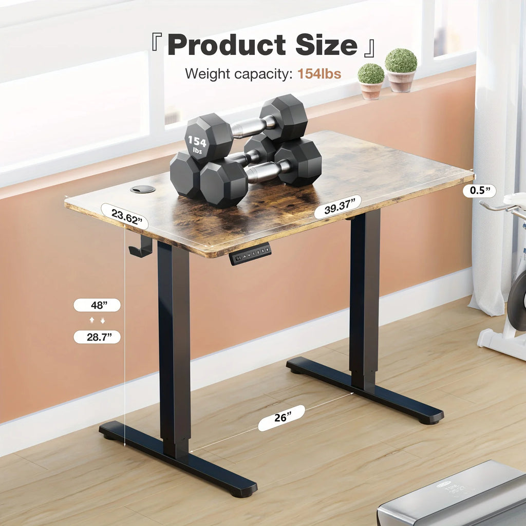 Size diagram of the desk loaded with dumbbells, with height, width and depth callouts