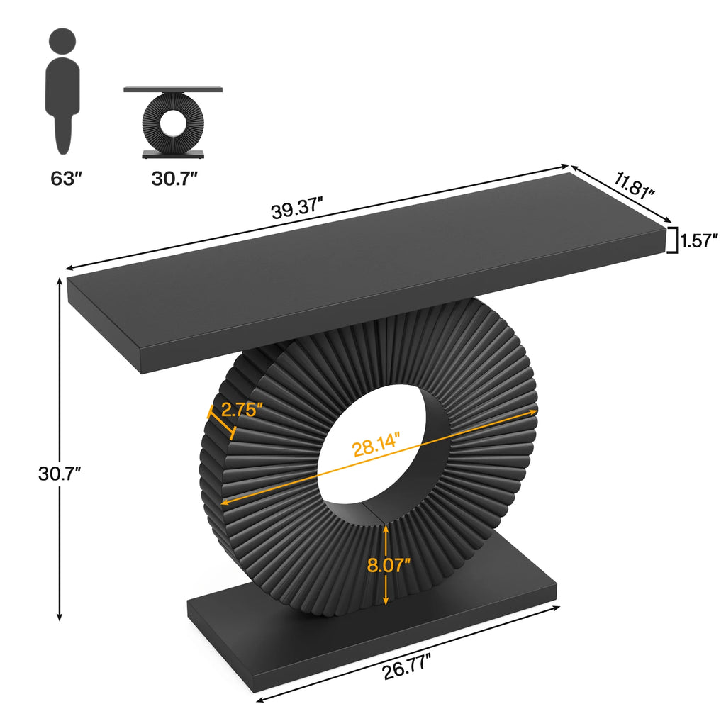 Dimension diagram of the black fluted console with its ring base measured