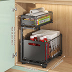 Black two tier rack standing in a cabinet with height measurements down the side