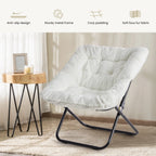 Cream saucer chair below a row of icons for the anti slip feet, metal frame and padded seat