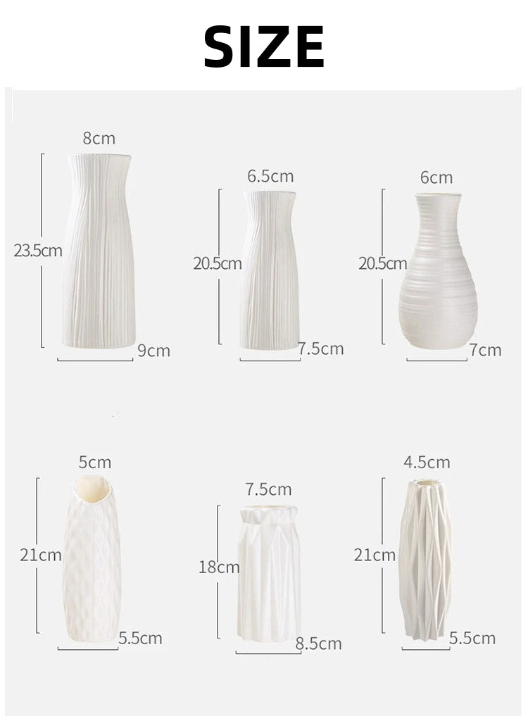 Size chart showing six vase shapes with height and width labels