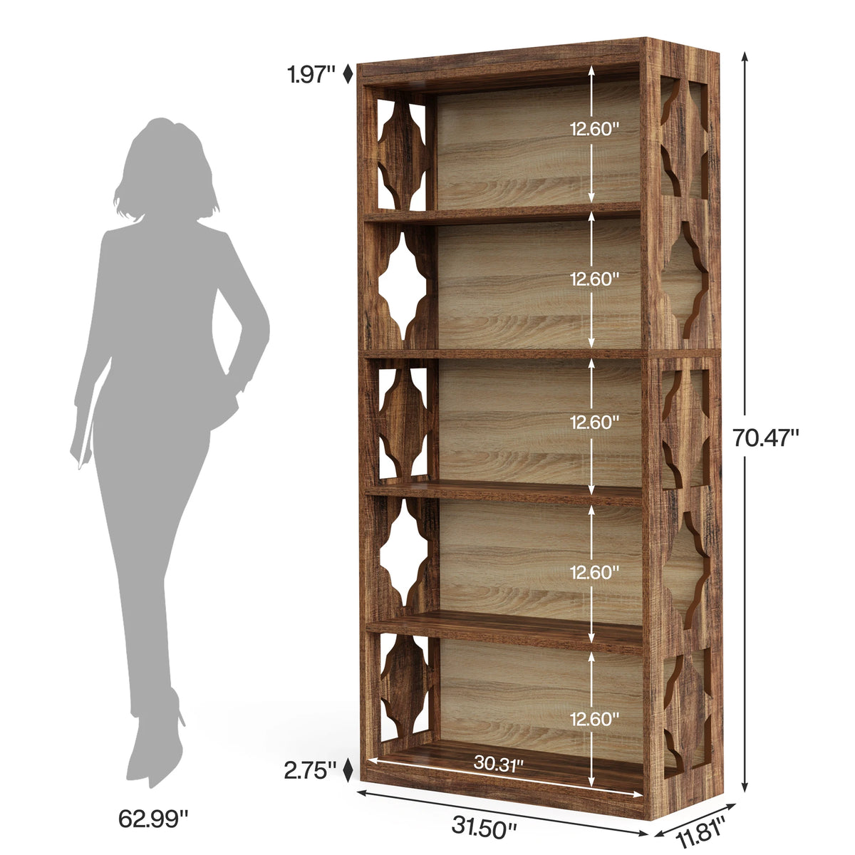 Bookcase drawing beside a person outline with measurements given in inches