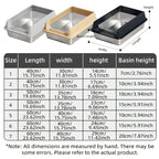 Size table listing the length, width and basin depth of seven litter box options