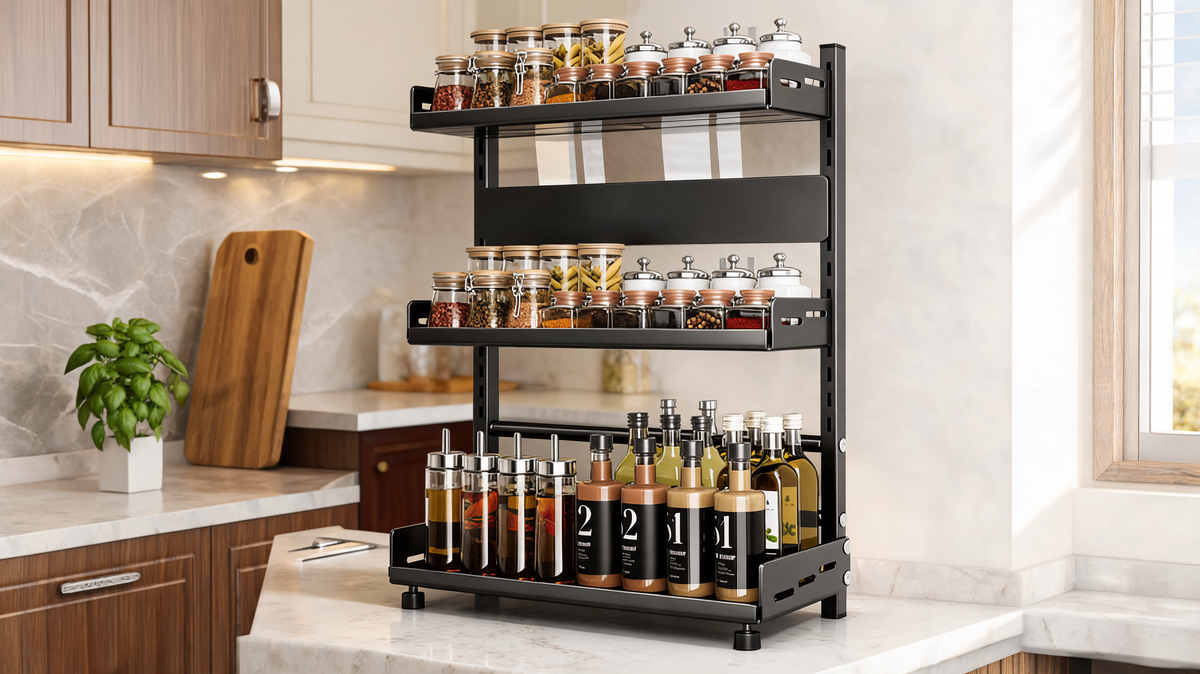 Black 3 tier spice rack with tilted shelves holding spice jars on a kitchen countertop