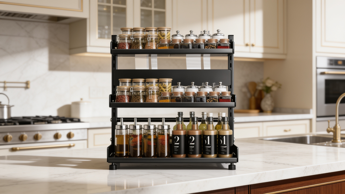 Knife holder built into the middle tier of the black carbon steel spice rack