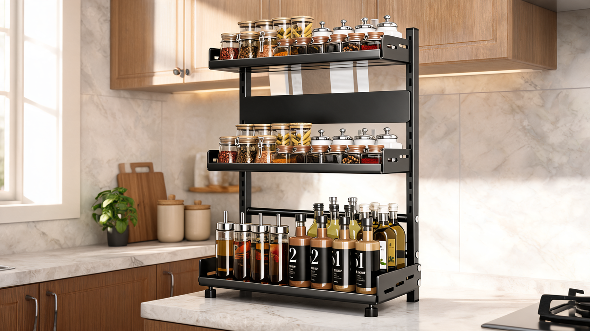Adjustable tiers of the spice rack set for tall oil bottles and short jars