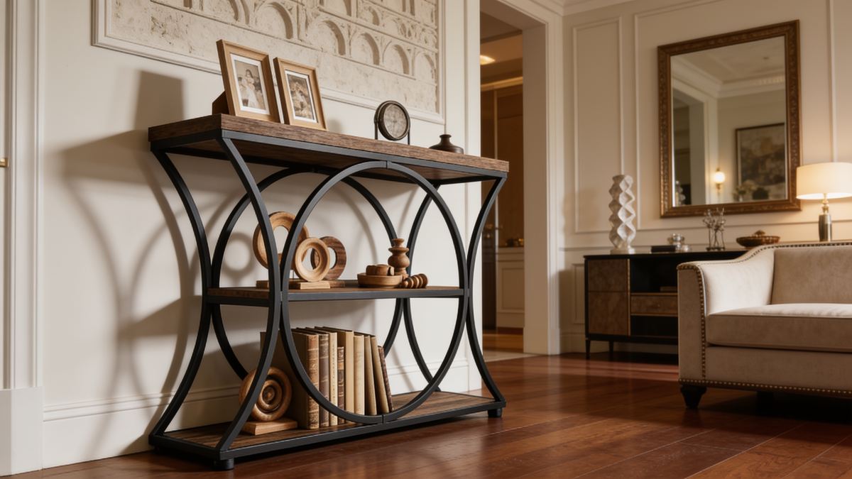 Three tier console table with arched black metal frame