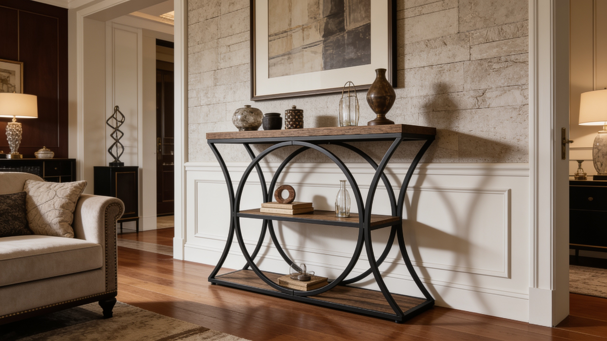 Arched metal console table styled in entryway