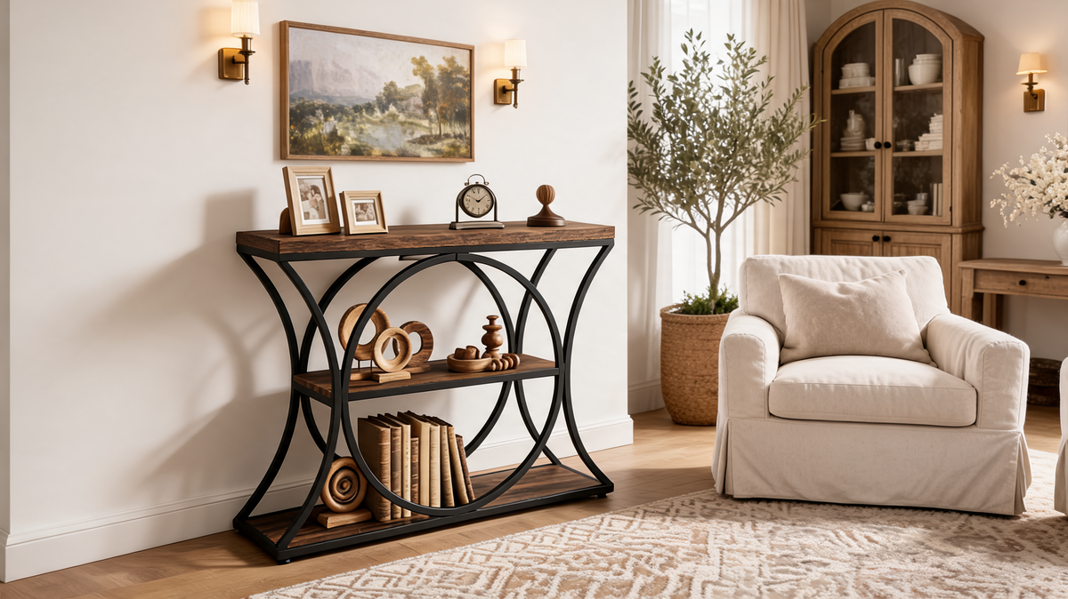 Arched metal console table shelf detail