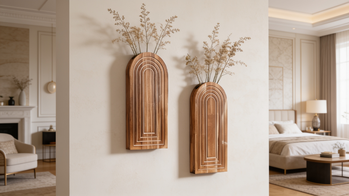 Pair of brown arched wooden wall vases holding dried stems on a plaster wall
