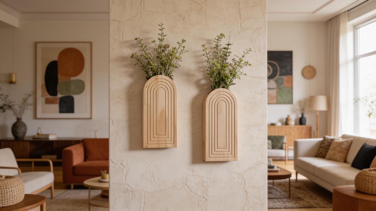 Pair of beige arched wooden wall vases with greenery in a living room