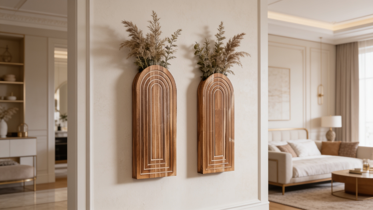 Two brown wooden wall vases with dried pampas mounted beside a living room