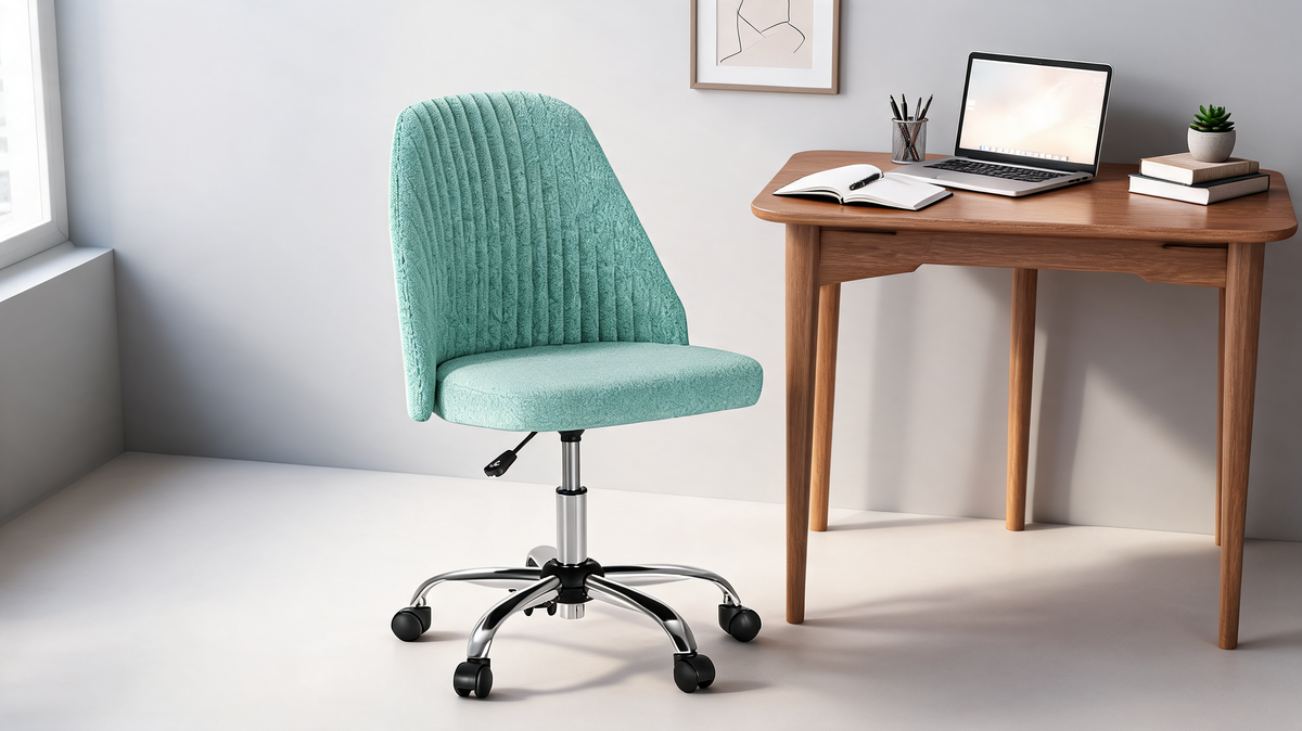 Armless fabric desk chair rolled under a narrow desk
