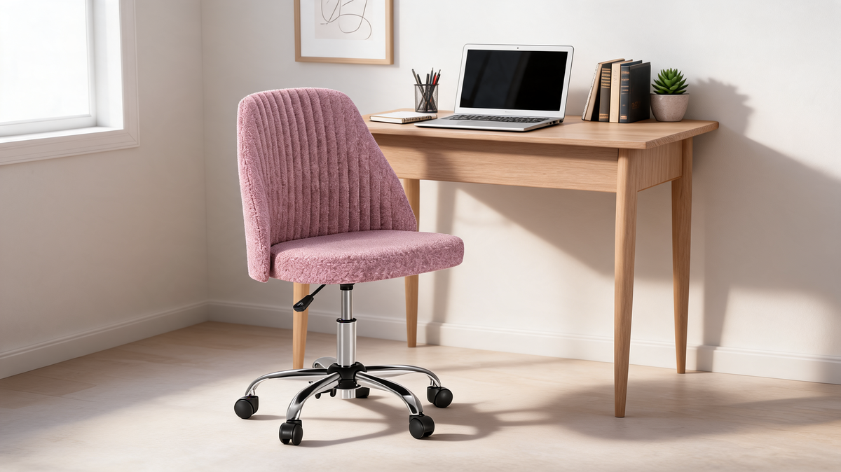 Armless swivel vanity chair in a colored fabric beside a dressing table