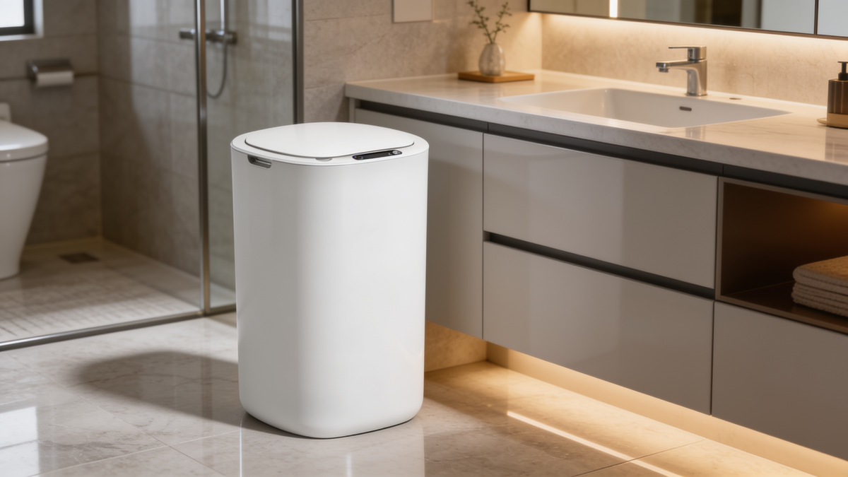 White automatic sensor trash can opening as a hand approaches