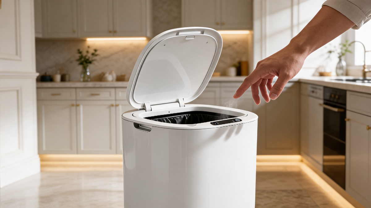 Rectangular 12 liter sensor trash can standing flush against a kitchen wall