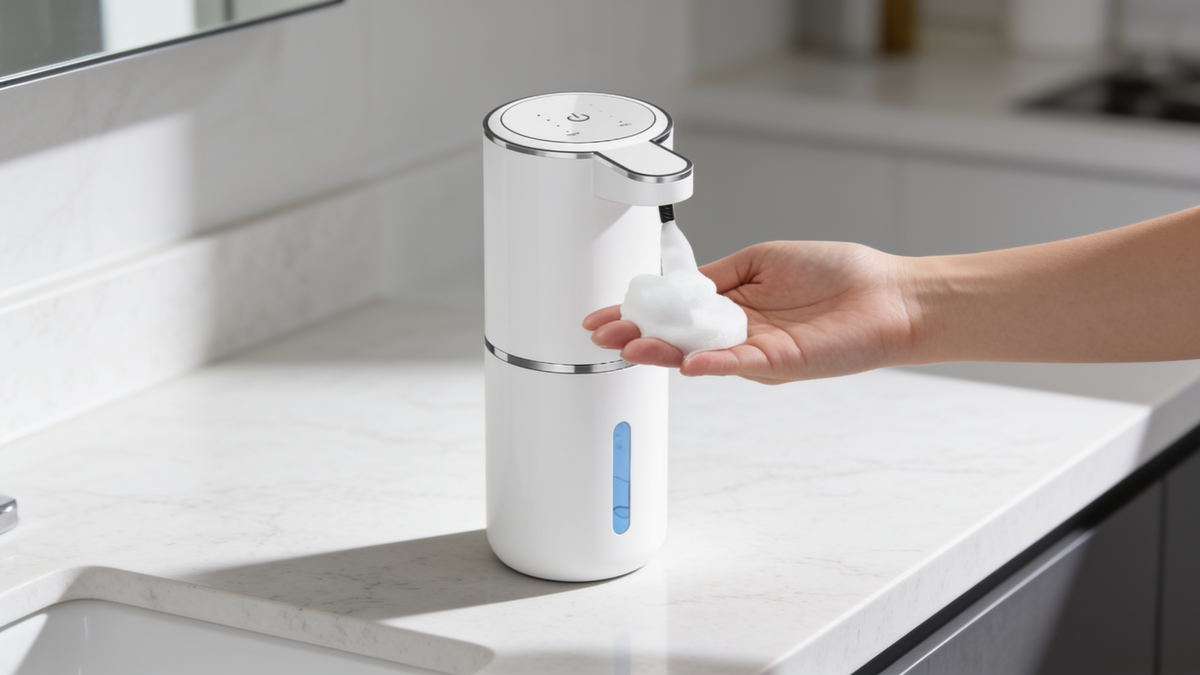 Automatic touchless soap dispenser on a bathroom counter