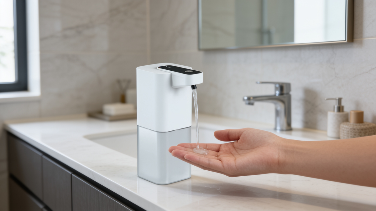 Infrared sensor soap dispenser beside a kitchen sink