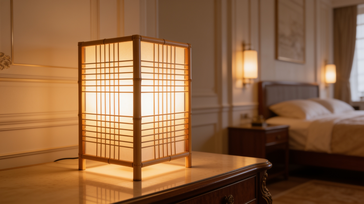 Bamboo lattice table lamp lit on a bedroom chest
