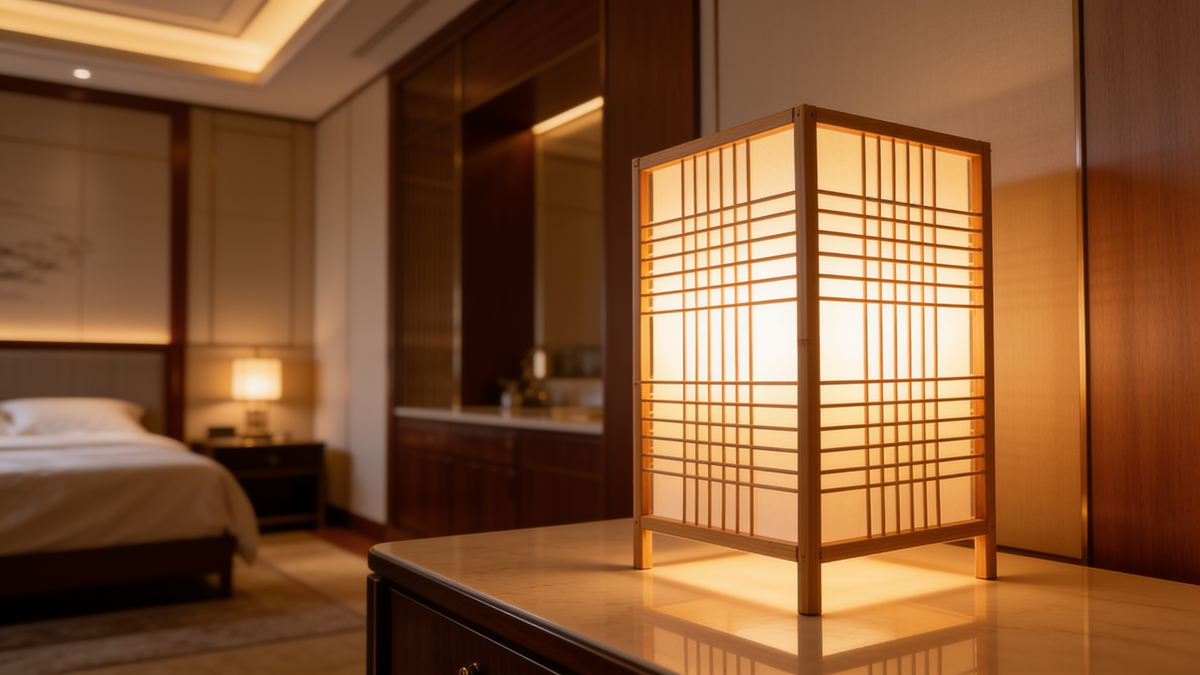 Bamboo lattice table lamp beside a wardrobe