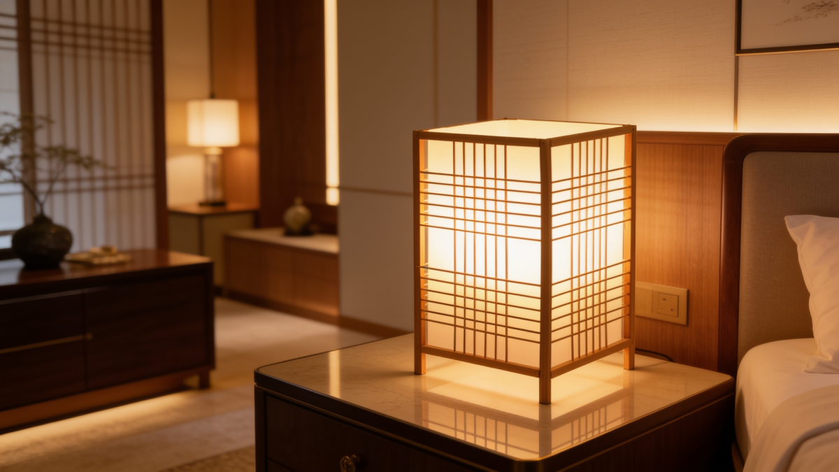 Bamboo lattice table lamp on a bedside table