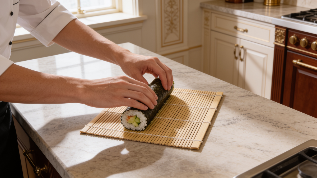 Bamboo sushi rolling mat in use