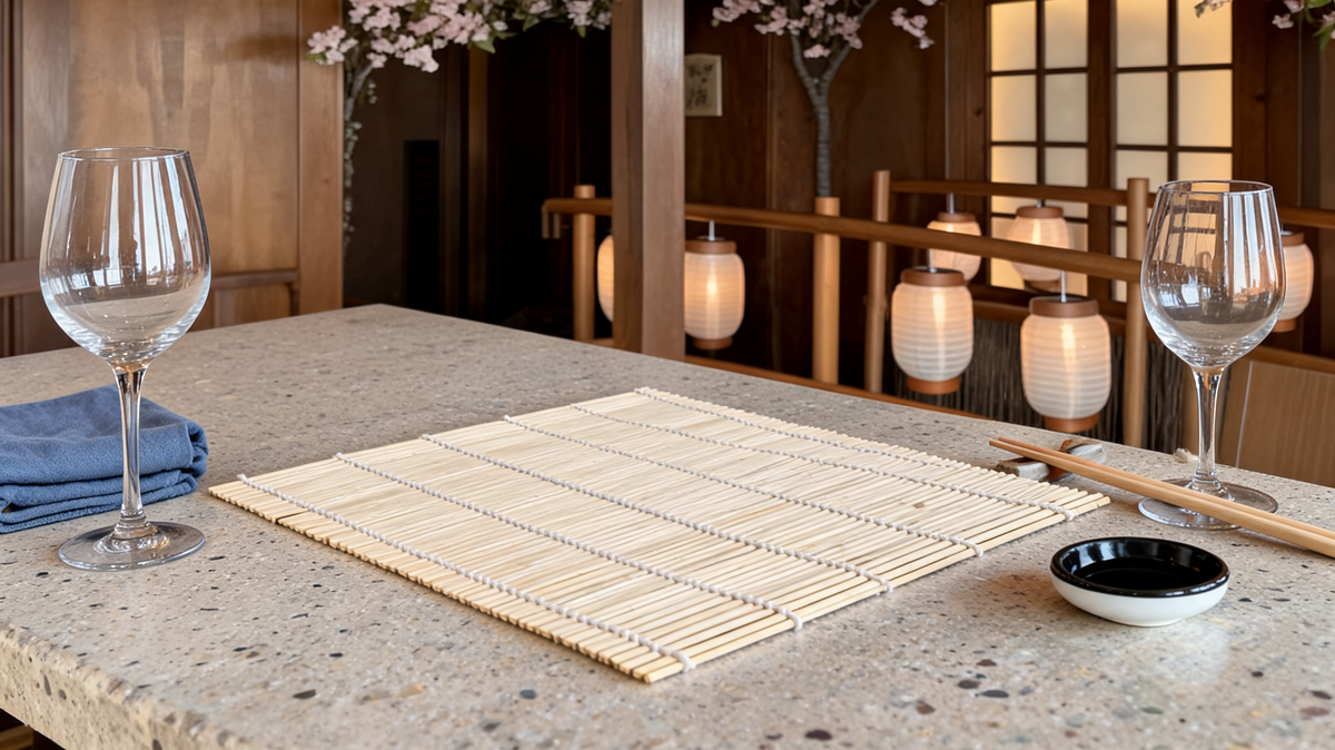 Bamboo sushi rolling mat on kitchen counter